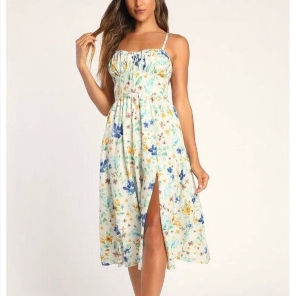 NWT Lulus Happy Summer White Floral Print Double Tie-Back Midi Dress